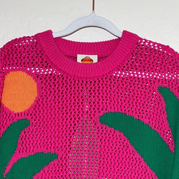 Farm Rio Amazon Stamps Open Knit Cotton Sweater Pink Womens Size Large Island - Picture 11 of 14